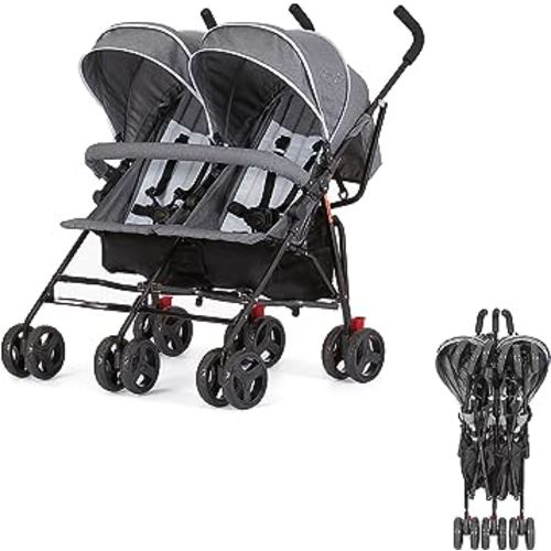 Dream On Me Volgo Twin Umbrella Stroller in Gray, Lightweight Double Stroller for Infant & Toddler, Compact Easy Fold, Large Storage Basket, Large and Adjustable Canopy
