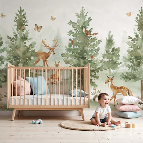 Kids room wallpaper | Watercolor forest with animals and butterflies