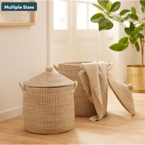 Large - Adira White and Natural Seagrass Basket With Lid - World Market