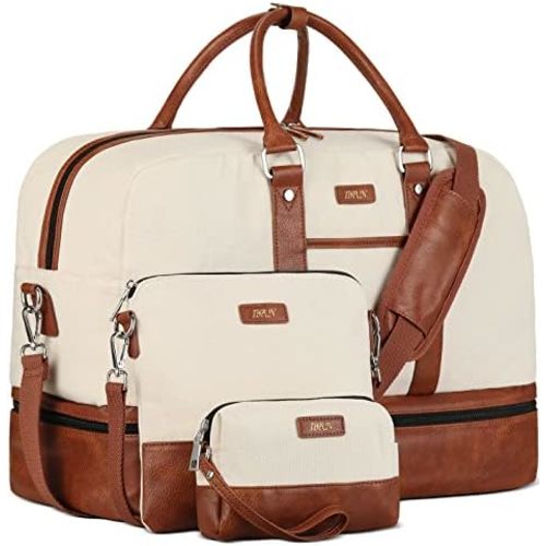 IBFUN Weekender Bags for Women, Large Overnight Bag Canvas Travel Duffel Bag Carry On Tote with Shoe Compartment 21" 3Pcs Set