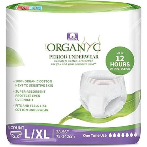Organyc Certified Organic Cotton Disposable Period Underwear for Sensitive Skin 12 Hours Complete Protection Size L/XL 4 Count
