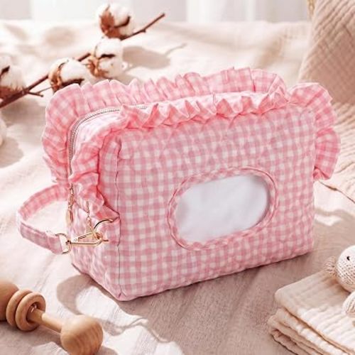 Aliceset Pink Ruffle Gingham Diaper and Wipe Pouch Quilted Baby Dispenser Holder Diaper and Tissue Bag Purse Portable Travel Hanging Wet Wipes Bag Diapering Clutch for Car Stroller