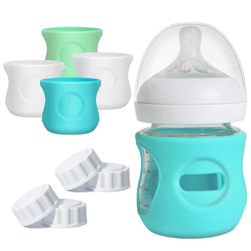 Joxodak 4 Pack Silicone Sleeves for Philips Avent Natural Glass Bottle Food Grade Silicone Bottle Cover and 4pcs Travel Bottle Caps, Bottle Lids Replacement (White+Blue+Green, 4oz)