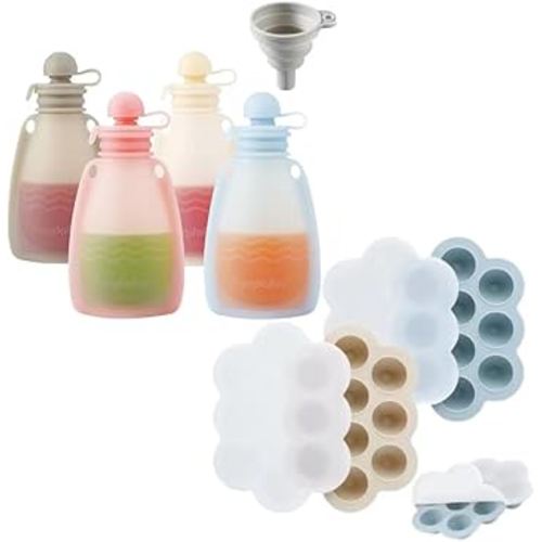 PandaEar Reusable Silicone Baby Food Pouches & 2 Pack Baby Food Freezer Tray