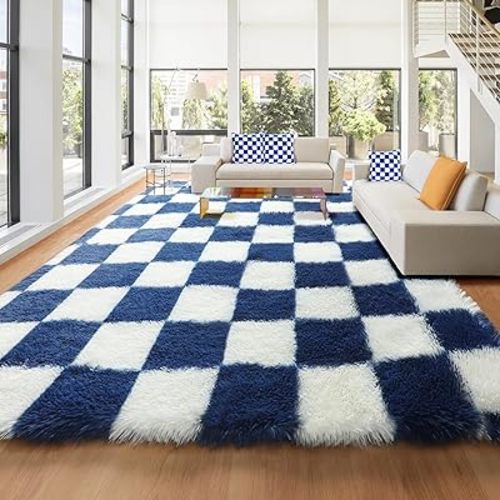KICMOR 8x10 Area Rugs for Living Room, Large Fluffy Soft Checkered Shag Shaggy Bedroom Carpet, Navy Blue and Cream White Big Fuzzy Plush Rug for Kids Boys Girls Dorm Nursery Home Decor Aesthetic
