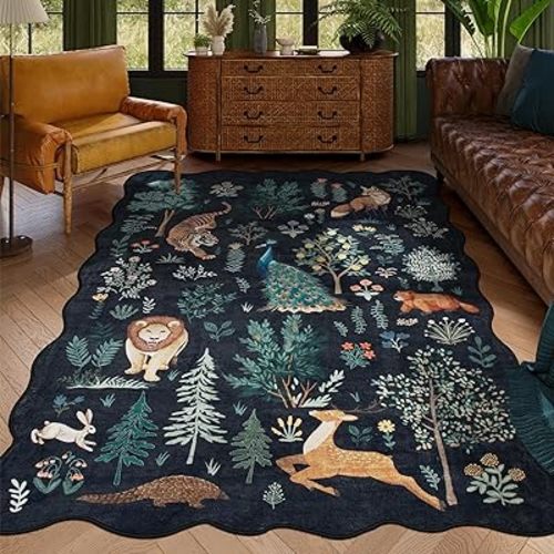 Lahome Jungle Print 6x9 Area Rug for Living Room Bedroom, Machine Washable Non-Slip Ultra-Thin Rug, Black Stain Resistant Carpet for Office Dining Room Home Decor
