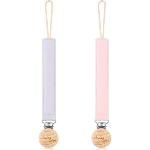 Baby Pacifier Clip, 2 Pack Fabric Pacifier Clips, Super Soft Fabric Strap with Wooden Clip, Pacifier Clips for Baby Girl & Boy (Pale Mauve/Blush)