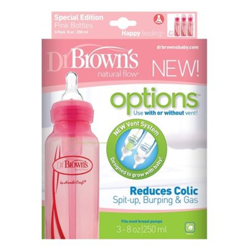 Dr. Brown's Options+ Baby Bottles, Pink, 8 oz, 3 Count