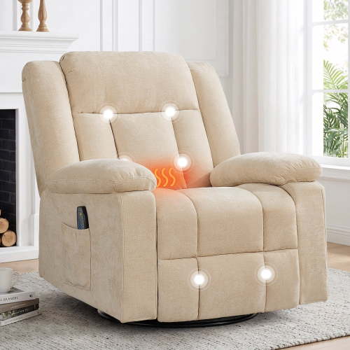 Korser 360°Swivel Rocker Recliner with Massage and Heating,Rocker Recliner Chair for Adults with Side Pockets Nursery Glider Recliner for Living Room,Chenille,Khaki