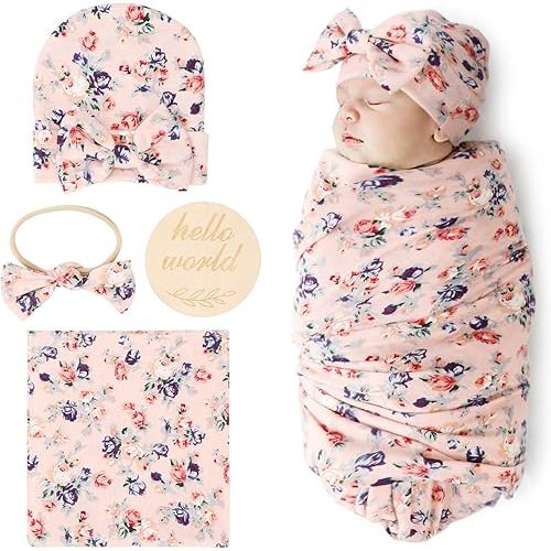 BQUBO Baby Girl Newborn Receiving Blanket with Bow Hat Headband Wooden Birth Announcement Card Set Baby Floral Print Nursery Swaddle Wrap