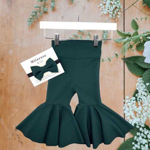Baby Bell Bottoms & Matching Bow Set/ Toddler Flare Pants/ Forest Green Bell Bottoms/ Infant Bells/ Forest Green/ Eagles Baby Outfit