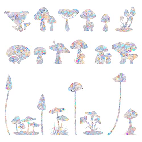 20 Pieces Mushroom Window Clings - Anti-Collision Decals to Save Birds From Collisions, Non-Adhesive Prismatic Vinyl Clings, Rainbow Stickers