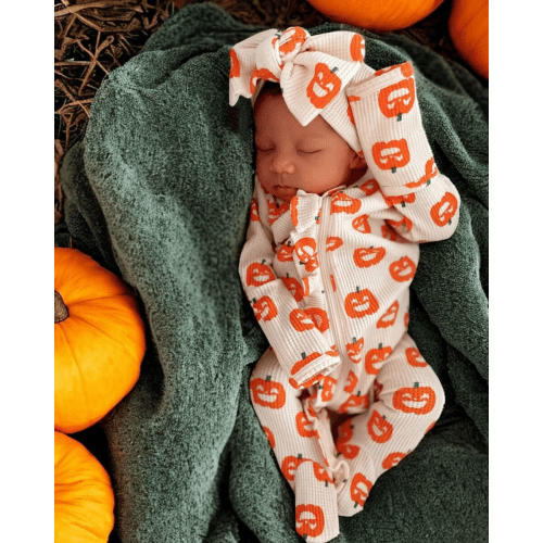 Organic Waffle Ruffle Zip Footie, Jack-O-Lantern