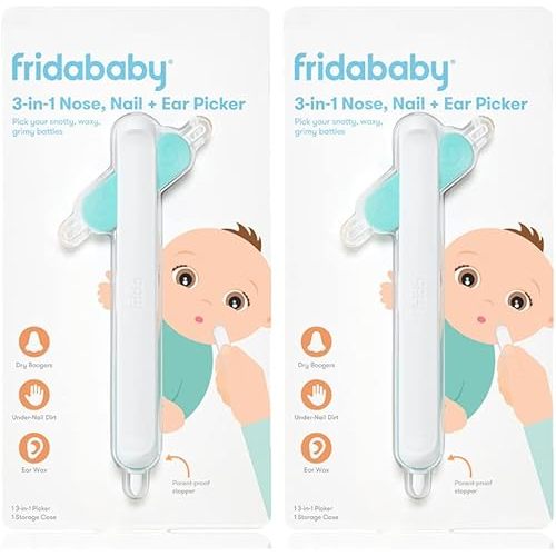 Frida Baby 3-in-1 Nose, Nail + Ear Picker: Baby Ear Cleaner + Baby Nose Cleaner and Nail Tool for Babies + Toddlers, Safely Clean Baby's Boogers, Ear Wax & More, 2 Count