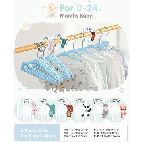 VIS'V Baby Hangers, 11 Inch Velvet Kids Hangers with 6 Pcs Clothes Size Dividers, Infant Toddler Nursery Closet Organization, Non Slip, Blue, 30 Pcs