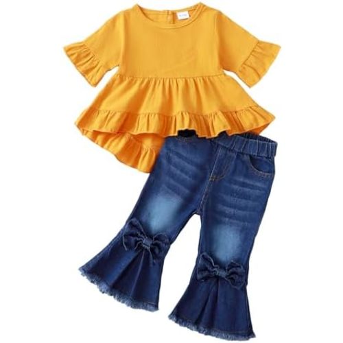 Kucnuzki Toddler Baby Girls Clothes Short Sleeve Shirt Top Flare Denim Jeans 2 Piece Outfits For Girls Cute Clothing Set