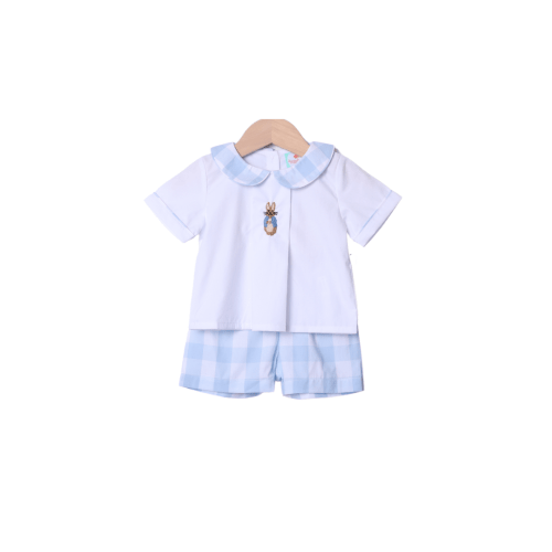 French Knot Peter Rabbit Blue Gingham Short Set
