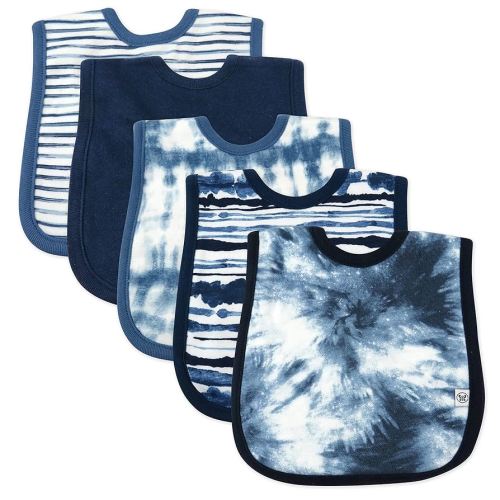 HonestBaby Multipack Reversible 4-in-1 Bibs Absorbent Terry and Knit 100% Organic Cotton Infant Baby Boys, Girls, Unisex, 5-Pack Tie Dye Blues, One Size