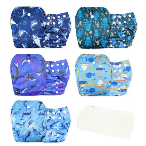 wegreeco Cloth Diapers 5 Pack with 5 Inserts, Washable Cloth Diapers for Babies, One Size Adjustable Reusable (Ocean Adventure)
