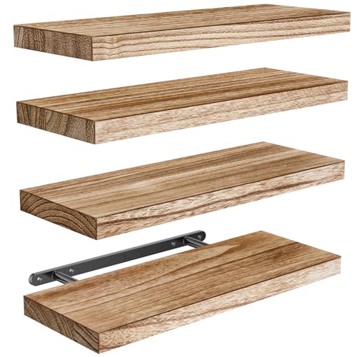 AMADA HOMEFURNISHING Floating Shelves, Paulownia Wood Wall Shelves for Bathroom/Living Room/Bedroom/Kitchen/Home Office, Wood Floating Shelf for Home Storage & Organization Set of 4 15.7" L x 5.9" W