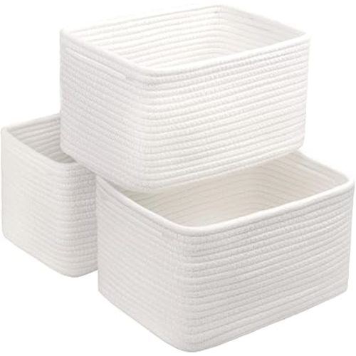 Small Cotton Rope Storage Basket Set of 3-11"x7"x7" Perfect Woven Baskets for Storage, Ideal Storage Baskets for Organizing Toys, Towels, and More - Baskets for Shelves and Home Decor(White)