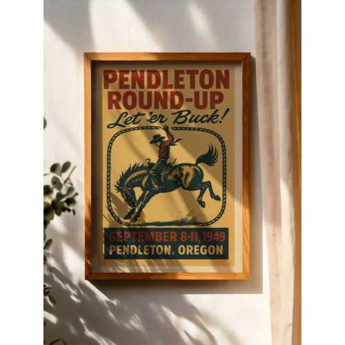 1949 Pendleton Round-Up Poster – Let ’Er Buck Vintage Rodeo Wall Art, Western Cowboy Print, Oregon Americana Decor (Digital + Physical)