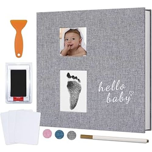 Vienrose Baby Photo Album Self Adhesive Memory Book 4x6 Magnetic Scrapbook Kit with Clean-Touch Ink Pad Handprint Footprint and A Metallic Pen for Boy/Girl 2 Windows 40 Pages Grey