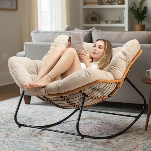 Oversized Patio Rocking Chair, Outdoor Cozy Papasan Rocker, Comfy Wicker Modern Reading Lounge Chair, Indoor Egg Chair for Bedroom, Living Room, Balcony Porch Patio with Thick Cushion, Cream