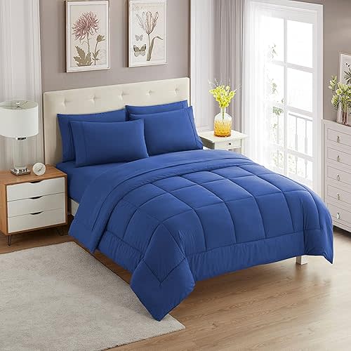Sweet Home Collection 7 Piece Comforter Set Bag Solid Color All Season Soft Down Alternative Blanket & Luxurious Microfiber Bed Sheets, Royal Blue, Queen