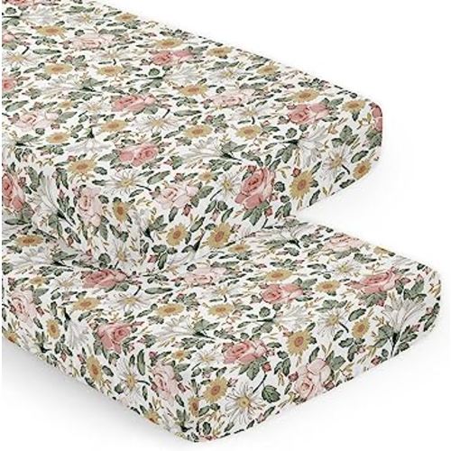 Sweet Jojo Designs Blush Pink Yellow Vintage Floral Boho Girl Baby Fitted Crib Sheet Set Infant Newborn Nursery Toddler Bed Room Standard Mattress 2pc Bohemian Shabby Chic Flower Farmhouse Sage White