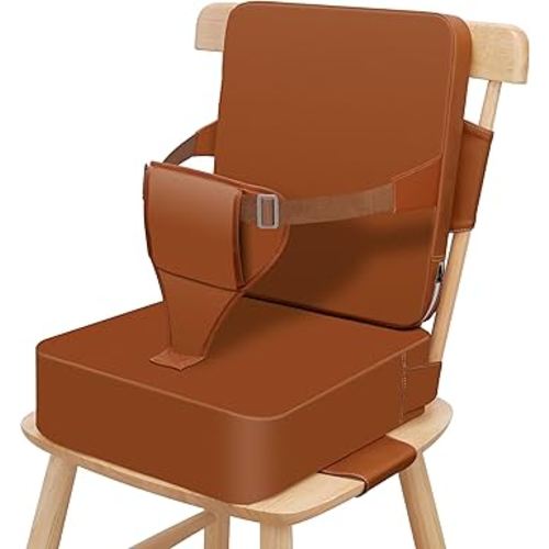 Toddler Booster Seat for Dining Table, Non-Slip Kitchen Chair Booster Seat with Backrest and Adjustable Straps, Portable PU Waterproof Travel Baby Booster Increasing Cushion