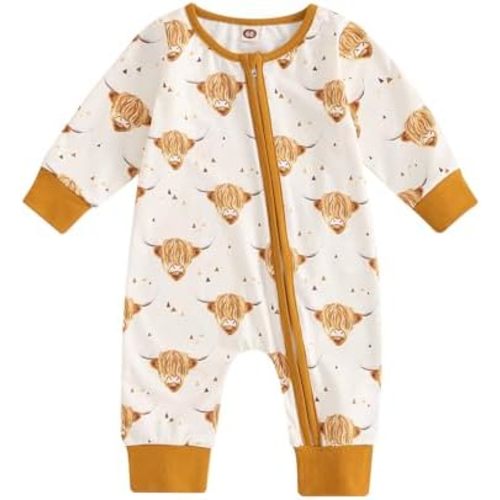 Western Baby Girl Boy Clothes Highland Romper Cow Print Long Sleeve Crew Neck Jumpsuits Fall Infant Bodysuits