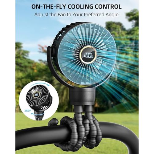 Portable Stroller Mini Fan, Small Rechargeable Personal Fan, Baby Travel Essentials for Wagon, Car Seat, Treadmill, Battery Powered Biking Gear Accessories, 360° Rotation, 3-Speed, Display, Black