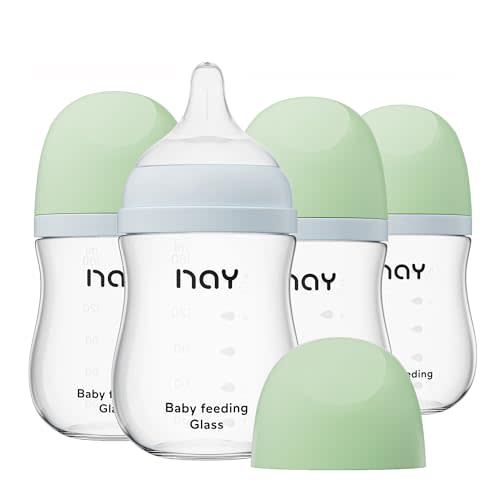 yanyoyo Natural Glass Baby Bottle Wide Neck, Newborn Anti-Colic Baby Bottle, Clear, 5.4oz(Pack of 4), Includes 4Pcs Slow Flow Nipple(S), 1 Months+