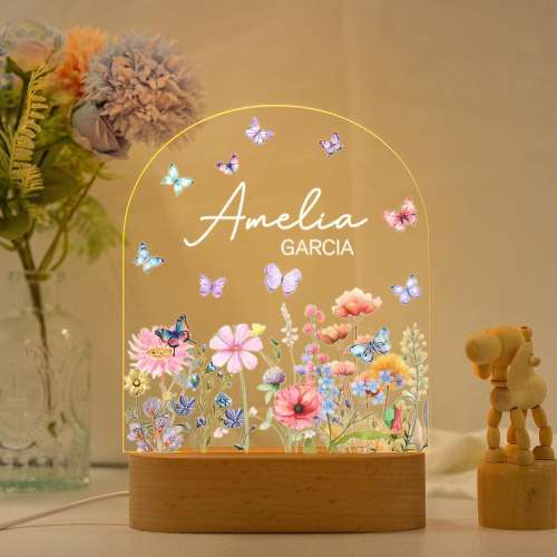 Custom Floral Butterfly Name Night Light,Personalized Flower Garden Night Lamp,Birthday Gift,Bedroom Bedside Light,Nursery Decor,Easter Gift