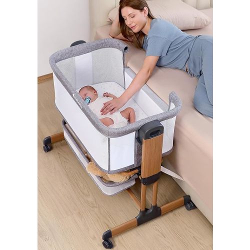 Ezebaby 3-in-1 Baby Bassinet, Rocking Baby Bassinets Bedside Sleeper, Adjustable Portable Crib for Newborn Infant with Wheels Storage Basket and Mesh Sides