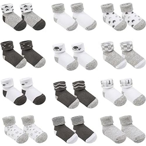 Baby Socks w/Grippers 0-6 & 6-12 Months | Safe Walking Non-Slip Sole | Stay-In-Place Ribbed Cuffs Unisex | 12Pairs (US, Age, 0 Months, 6 Months, Black)