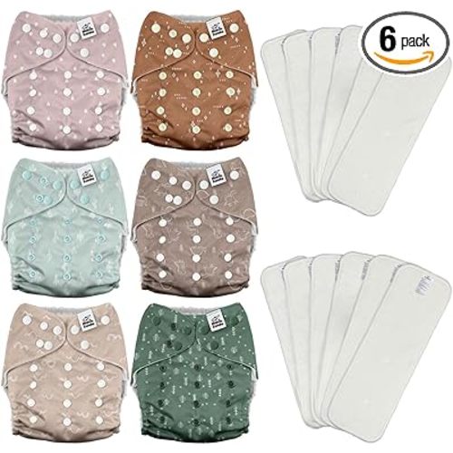 Mama Koala 3.0 Cloth Diapers for Babies with AWJ Lining, 6 Pack with 12 5-Layer Bboo(No Microfiber) Cloth Diaper Inserts - Reusable and Washable Pocket Diapers(12-My Warm Heart)