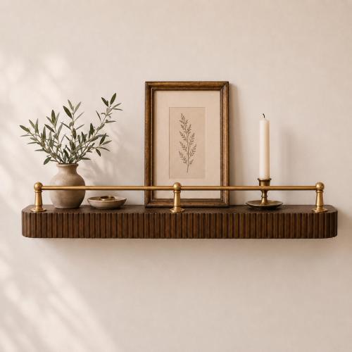 Shelf with Brass Gallery Rail | Rounded Fluted Floating Shelf with Gallery Rail | Mid Century Modern Shelving | Brass Tipping Rail