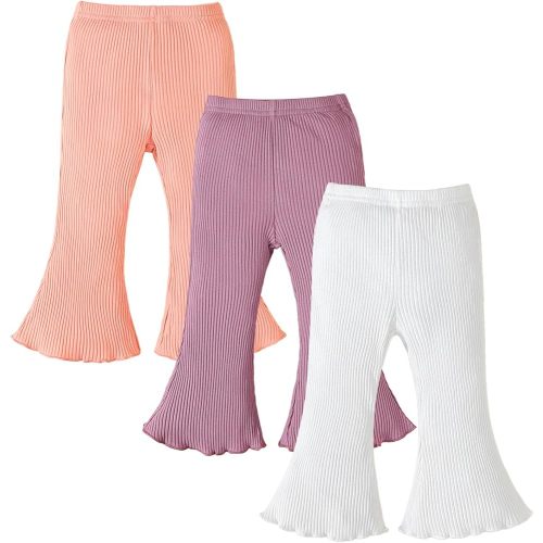 3 Pack Baby Girl Pants: Infant Solid Ribbed Flare Pants Cotton Pull On Bottoms Leggings for Toddler 0-24 Months