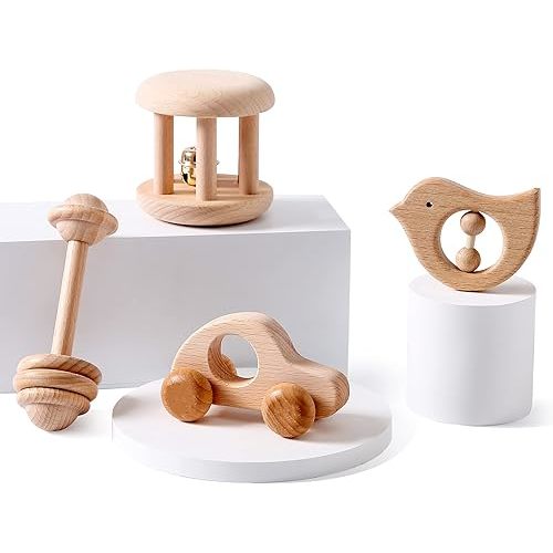Wooden Baby Toys Wooden Rattle 4PC Handmade Natural Organic Preschool Baby Grasping Toy
