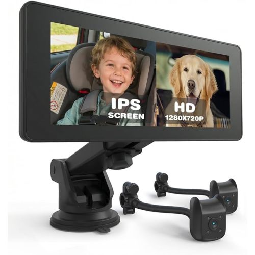 Baby Car Camera for 2 Kids | 6.86" 1080P IPS Dual-Camera Split Screen Monitor - 360° Rotation IR Night Vision - USB Powered for Rear Facing