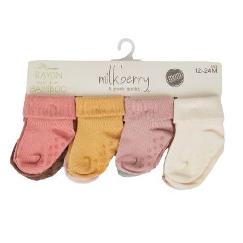 Milkberry 8 Pack Rayon Of Bamboo Baby Socks Non-slip Gripper Baby Girl Solid Autumn Harvest Size 6-12 Months