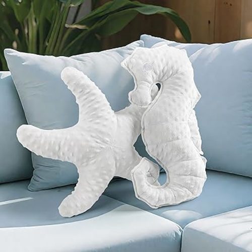 AELS Coastal Throw Pillows Set of 2, Starfish Seahors Pillows, Beach Ocean Nautical Themed Smooth Soft Minky Decorative Throw Pillows, Cute Pillow for Couch Sofa Bed Living Room Bedroom Nursery, White