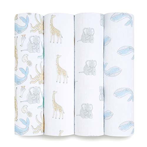 Aden + Anais Essentials 100% Muslin Cotton Swaddle Blanket, Unisex, 4 Pack, Natural History