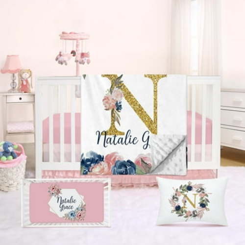 Kainsy Personalized Crib Bedding Set for Baby Boy Girl: Custom Name Beautiful Flowers Design 3 Piece Baby Bedding Set with Plush Blanket, Fitted Sheet, and Pillowcase - Newborn Nursery Gift(47"x60")