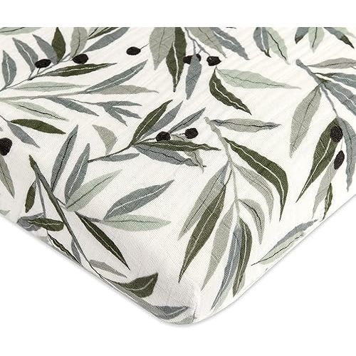 Babyletto 100% Organic Cotton Mini Crib Sheet, GOTS-Certified, Fitted 360°, Ultra-Soft and Breathable Muslin - Olive Branches