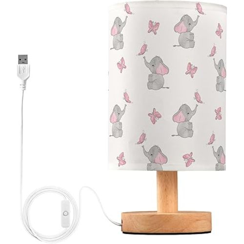 Cute Elephant Baby Play Nightstand Lamp with Wood Base Fabric Shade for Living Room Bedroom Kids Room Office