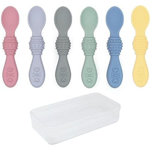 Elk and Friends Silicone Baby Spoons | Travel Case Included | First Stage Infant Toddler Spoon | Baby Led Weaning Stage | Dishwasher Safe