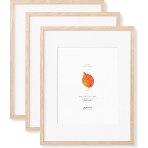 Solid Oak Wood 11x14 Picture Frame with Mat for 8x10 Natural Photo Frame, Set of 3 Picture Frame for Wall Home Decor
